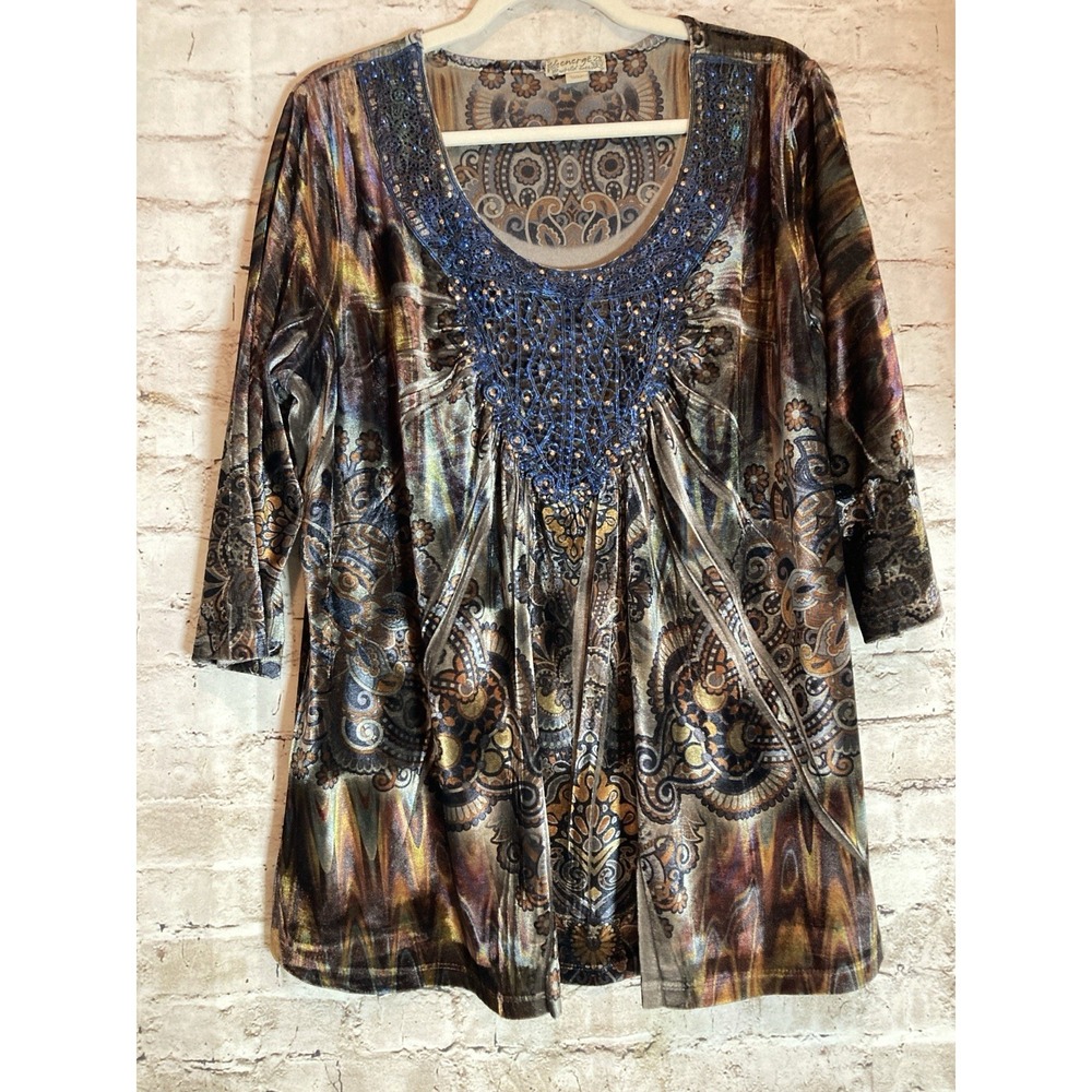 Energe Boho Top 2X Velvet Studded Embroidered Gypsy Print Plus Size‎ Stretch